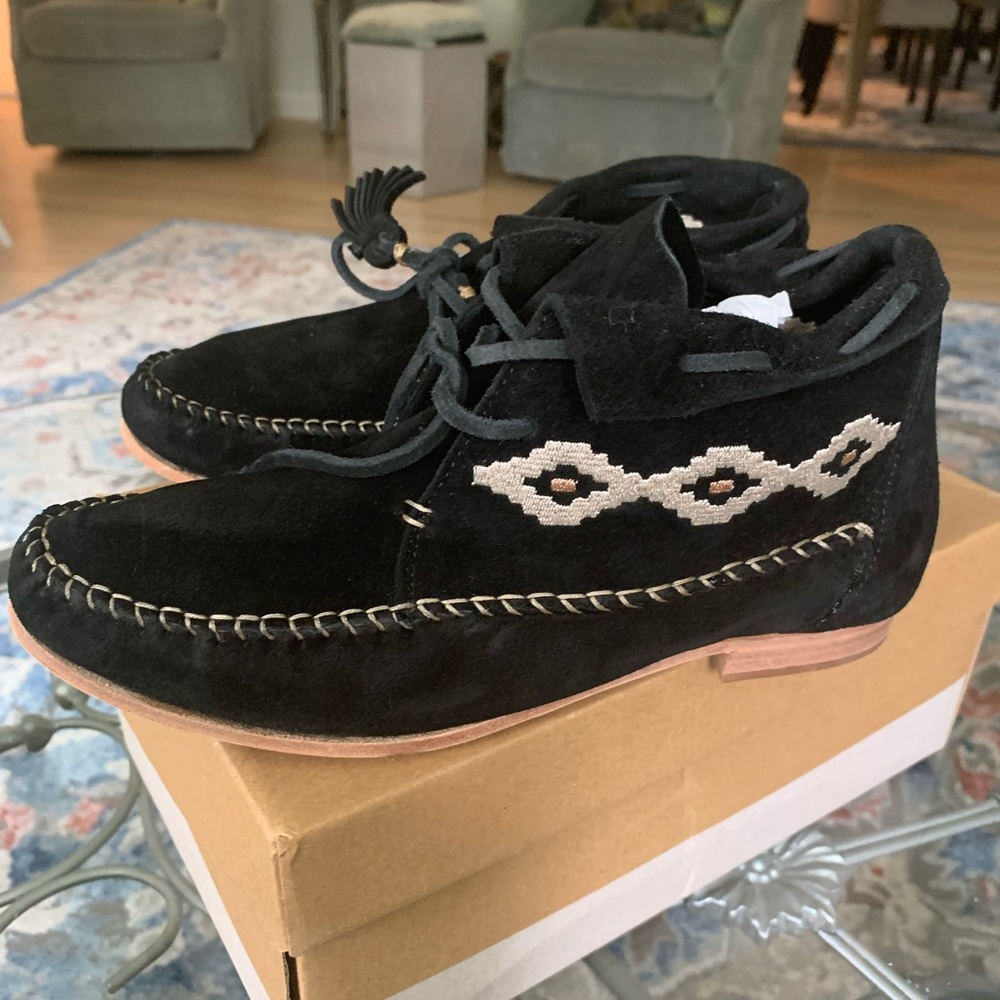 Black Suede Moccasin Ankle Boots with Beige Embroidered Accent